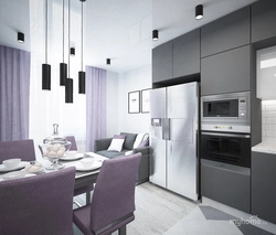 Mətbəx qonaq otağı 14 kv m dizayn şəkli bir pəncərə ilə
