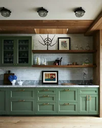 Green kitchen with wood color photo