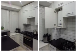 Interior of a small kitchen photo with a gas water heater and a refrigerator