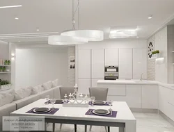 Design of a combined kitchen and living room in white