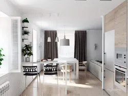 Design of a combined kitchen and living room in white