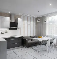 Design of a combined kitchen and living room in white