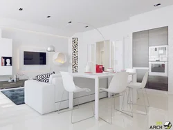 Design of a combined kitchen and living room in white