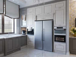 Freestanding refrigerator in the kitchen interior