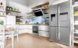 Freestanding refrigerator in the kitchen interior