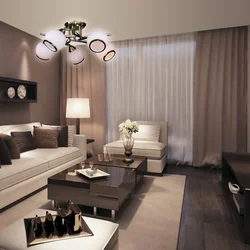 Photo of living room interior in beige and brown colors