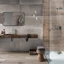 Concrete tiles in the bathroom interior photo