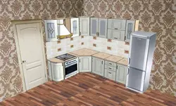 Фота кухні з правым кутом і халадзільнікам