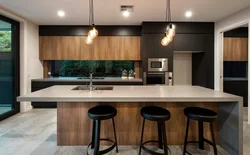 Black kitchen design with wood photo
