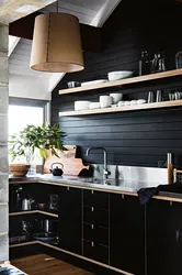 Black kitchen design with wood photo