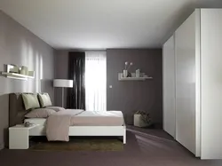 Bedroom design with gray bed and wardrobe