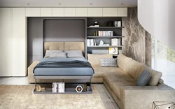 Bedroom design with bed and sofa in modern style