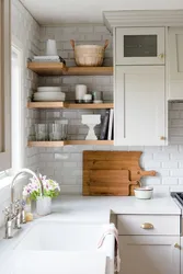 Kitchen design with wall shelves