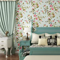 Bedroom design wallpaper with flowers photo in the bedroom interior