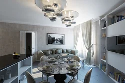 Kitchen living room interior in white and gray tones