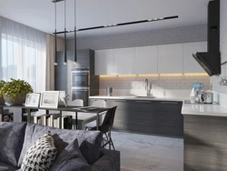 Kitchen Living Room Interior In White And Gray Tones
