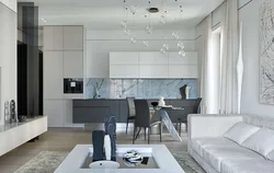 Kitchen living room interior in white and gray tones