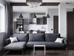 Kitchen living room interior in white and gray tones