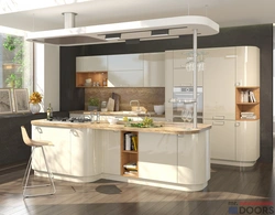 Photo of a kitchen with bar counters all made of wood