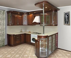 Photo of a kitchen with bar counters all made of wood