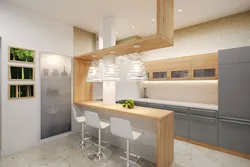 Photo of a kitchen with bar counters all made of wood