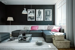 Black sofa in the living room interior photo