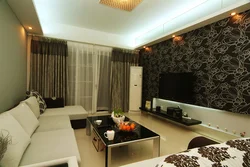 Mənzildə qonaq otağı dizaynında divar kağızı real birləşdi