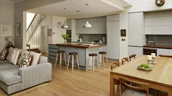 Interior of open kitchen with living room