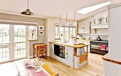 Interior of open kitchen with living room