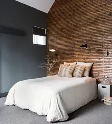Bedroom interior with wooden wall photo