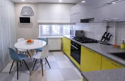 Gray-yellow kitchen design photo