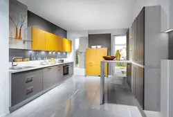 Gray-yellow kitchen design photo