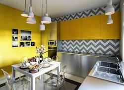 Gray-yellow kitchen design photo