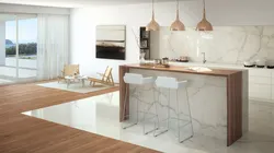 White porcelain stoneware floor in the interior of the kitchen living room