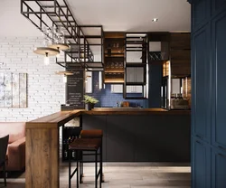 Interyerdə loft mətbəx fotoşəkili üçün bar sayğacları