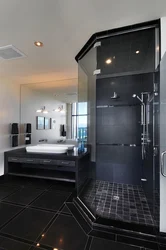 Black and white bathroom with shower photo