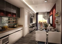 Kitchen design 15 sq m with a sofa in the apartment