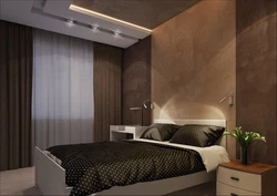 Bedroom interior with brown wallpaper and furniture