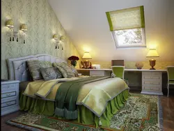 Bedroom design in the attic with a sloping ceiling
