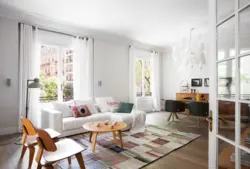 Curtains in the living room in a Scandinavian interior photo