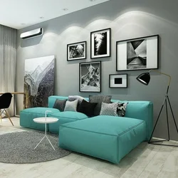 Дохилӣ дар ҳуҷраи зиндагӣ оҳангҳои turquoise хокистарӣ
