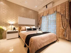 Beige curtains in the bedroom interior