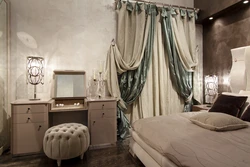 Velvet curtains in the bedroom interior
