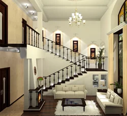 Living room design with stairs to the second floor photo