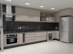 Photo of a modern kitchen with built-in appliances in an apartment