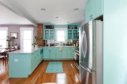 What color goes with turquoise in the kitchen interior