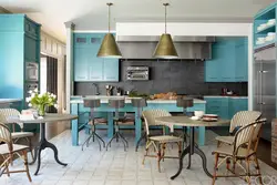 What color goes with turquoise in the kitchen interior