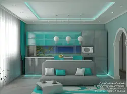 Oshxonaning yashash xonasining ichki qismidagi firuza