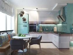 Turquoise in the interior of the kitchen living room