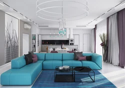 Turquoise in the interior of the kitchen living room